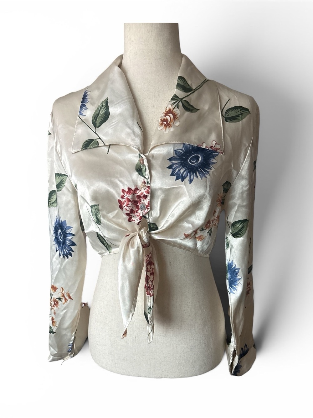 Vintage Tie-Front Satin Floral Blouse - Cream with Blue & Green Print
